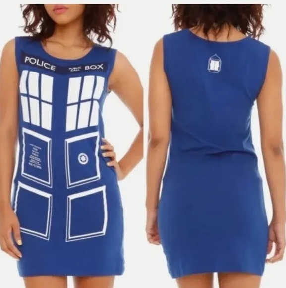 Hot Topic Dresses & Skirts - Doctor Who Sleeveless Hot topic Tardis Dress Blue Box Cosplay Women’s Size S NWT